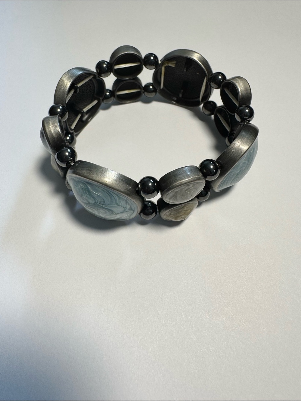 Statement Resin Cabochon Stretch Bracelet Blue Gray Swirl Black Bead